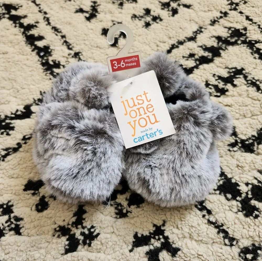 Carter's Fluffy Gray Baby Slippers Soft Faux Fur Booties 3-6 Months